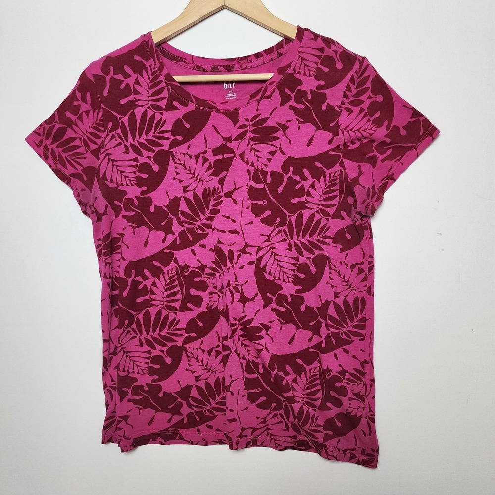 Gap Tropical Leaf Print Short Sleeve Favorite T-Shirt Pink Maroon Large L